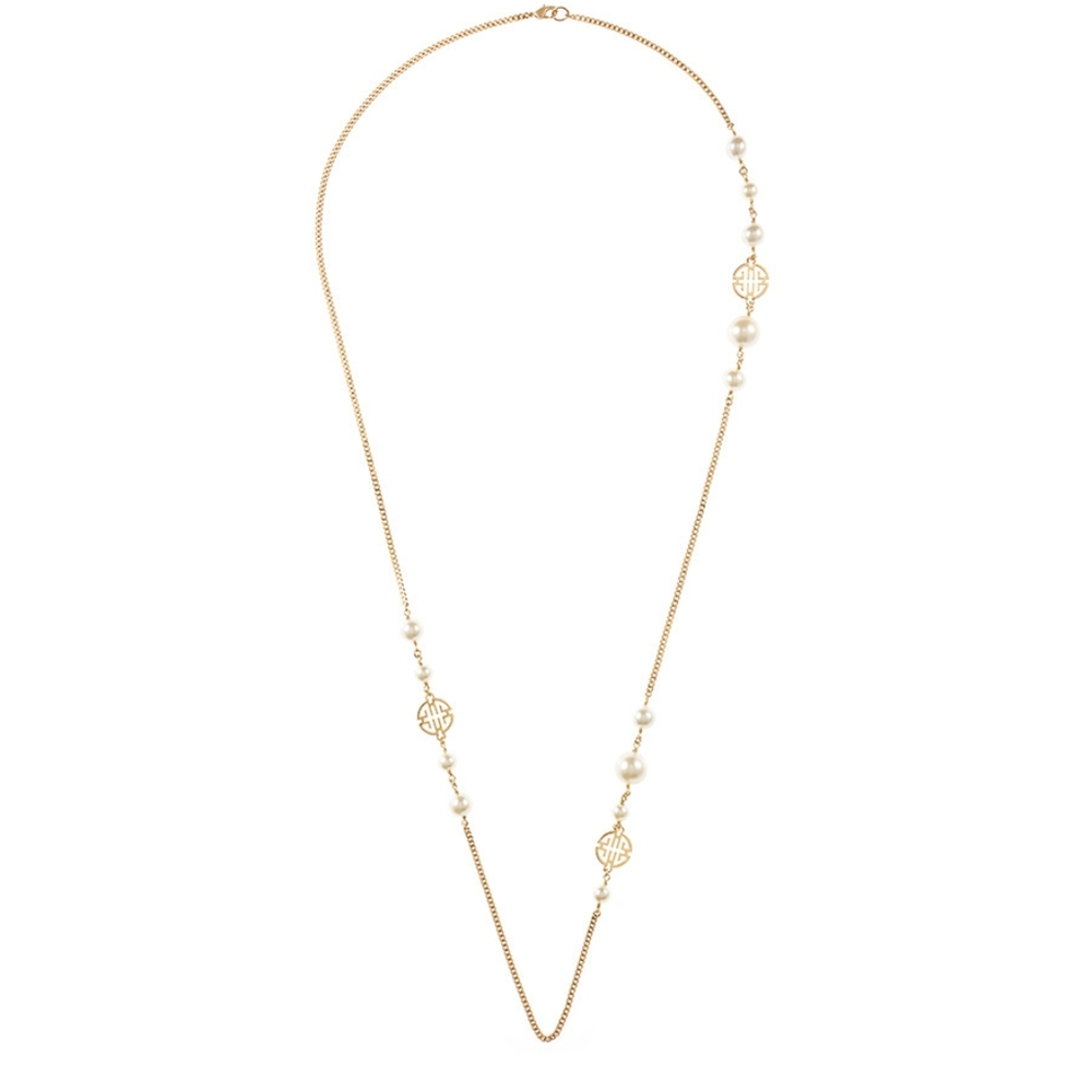 Shanghai Tang Gold Shou And Faux Pearls Sautoire Necklace NIB